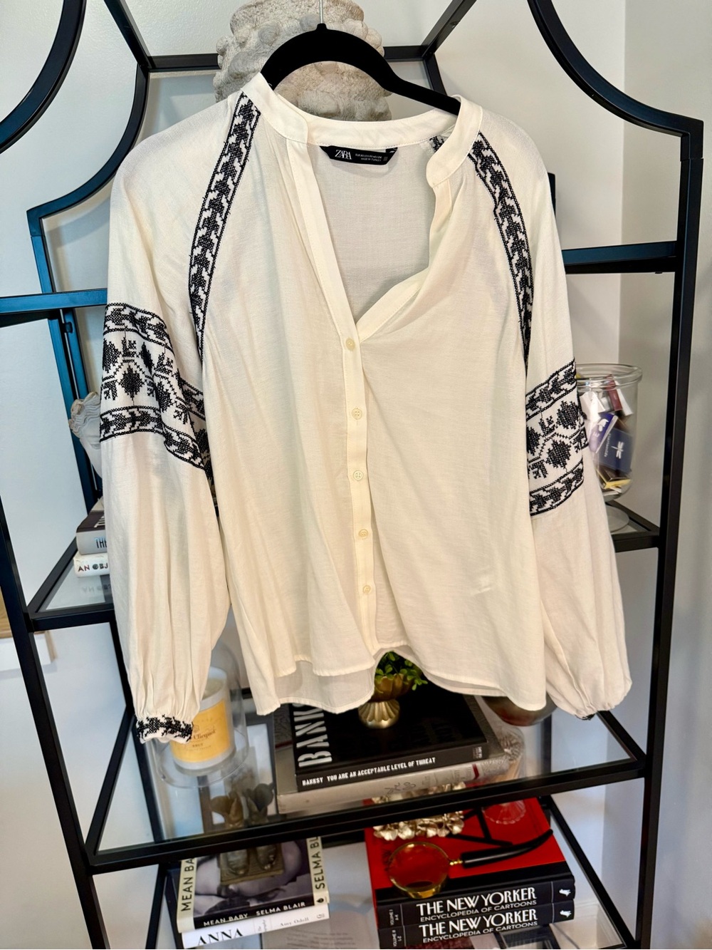 Zara Cream Button-Front Embroidered Blouse with Black Trim